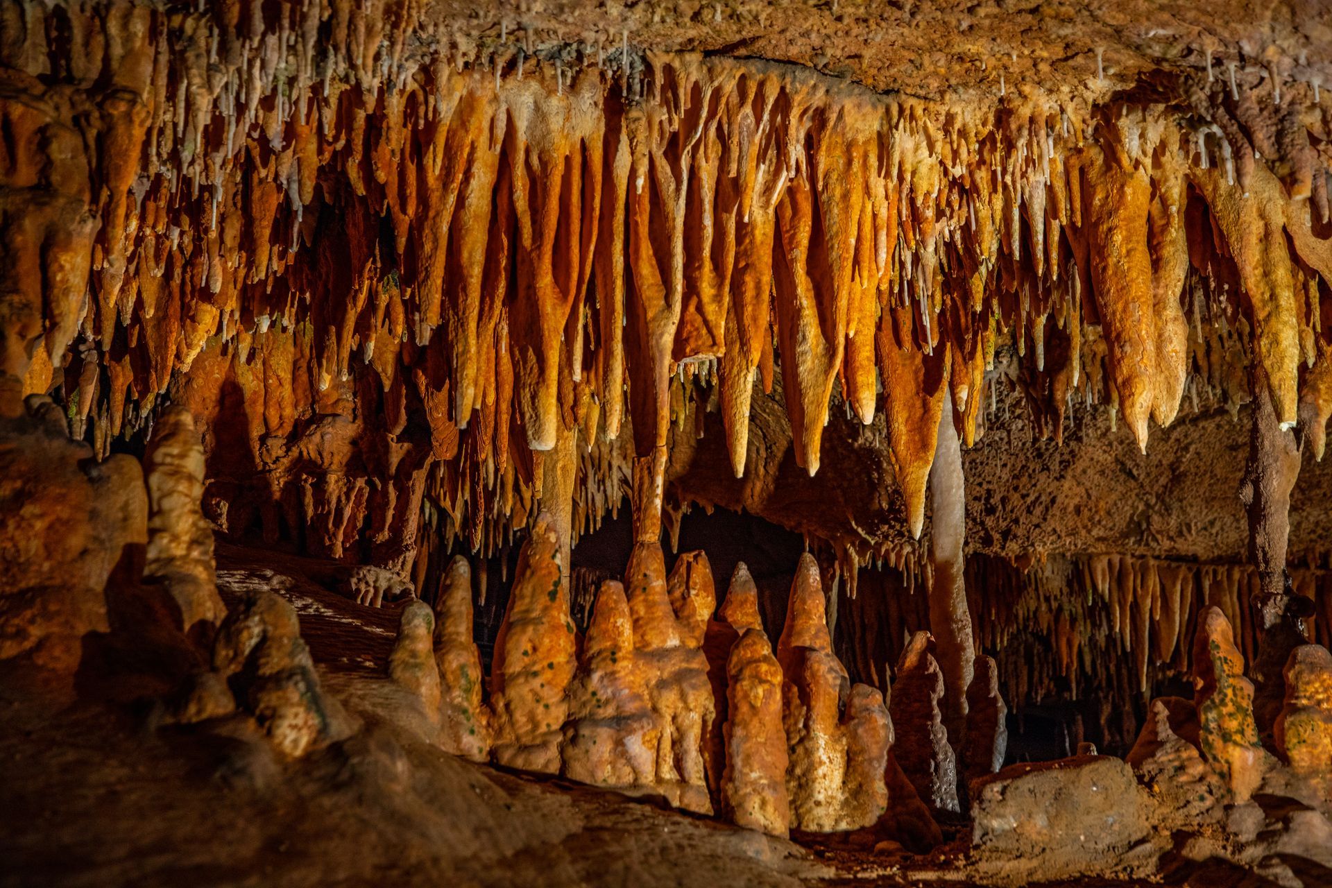 A cave filled with lots of stalagmites and stalactites hanging from the ceiling.