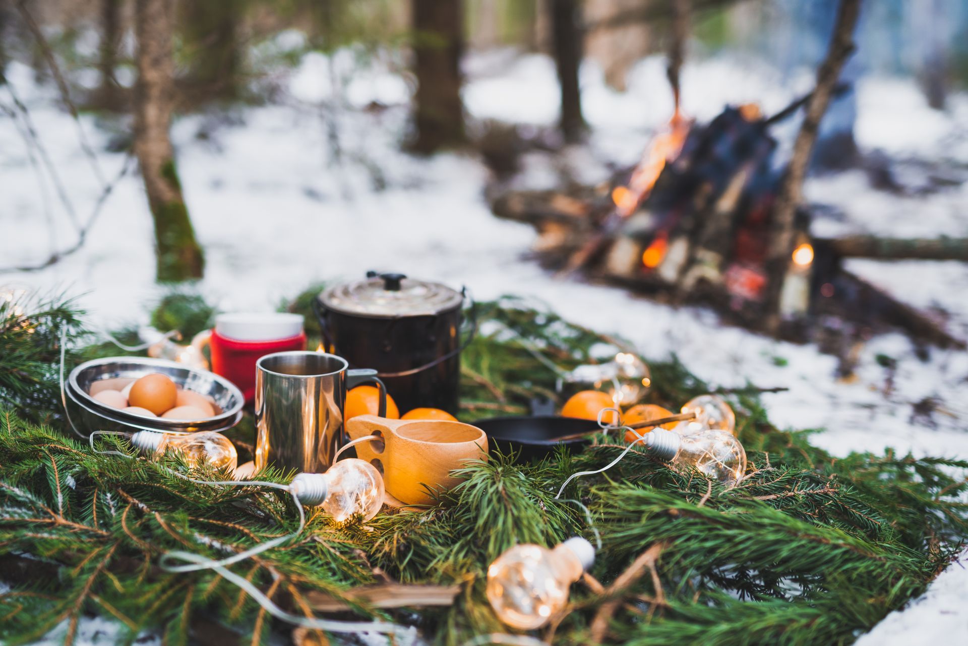 Campfire setup with food, mugs, and decorations on evergreen boughs in a snowy forest.