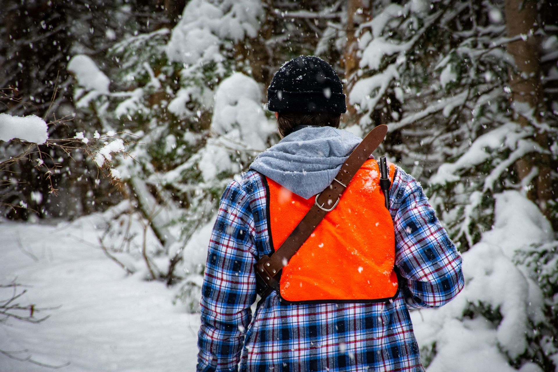 A person wearing an orange vest is walking through a snowy forest.