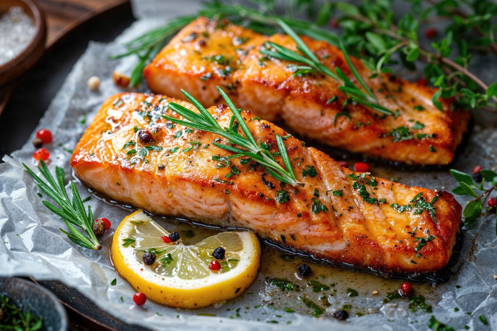 Two pieces of salmon with lemon slices and herbs on a plate.
