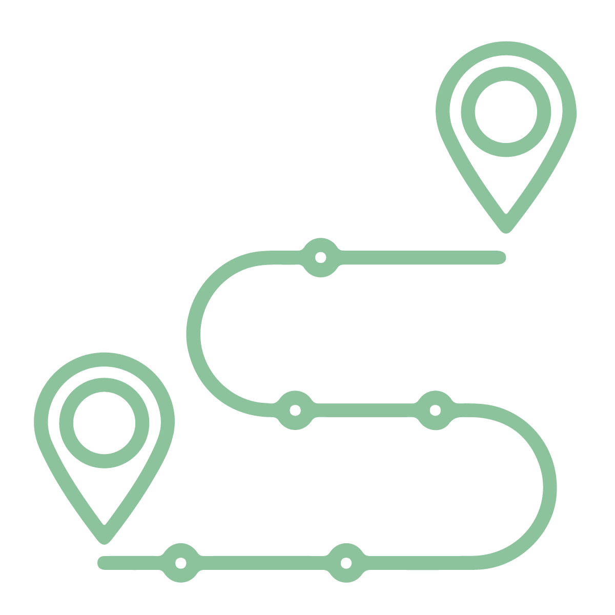 A green line drawing of a route with two pins on it.