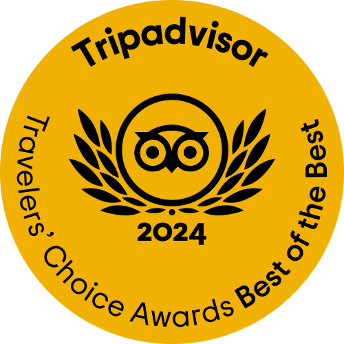 A yellow tripadvisor badge that says best of the best 2023