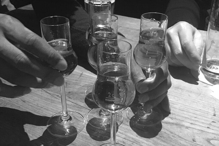 A black and white photo of people toasting with wine glasses