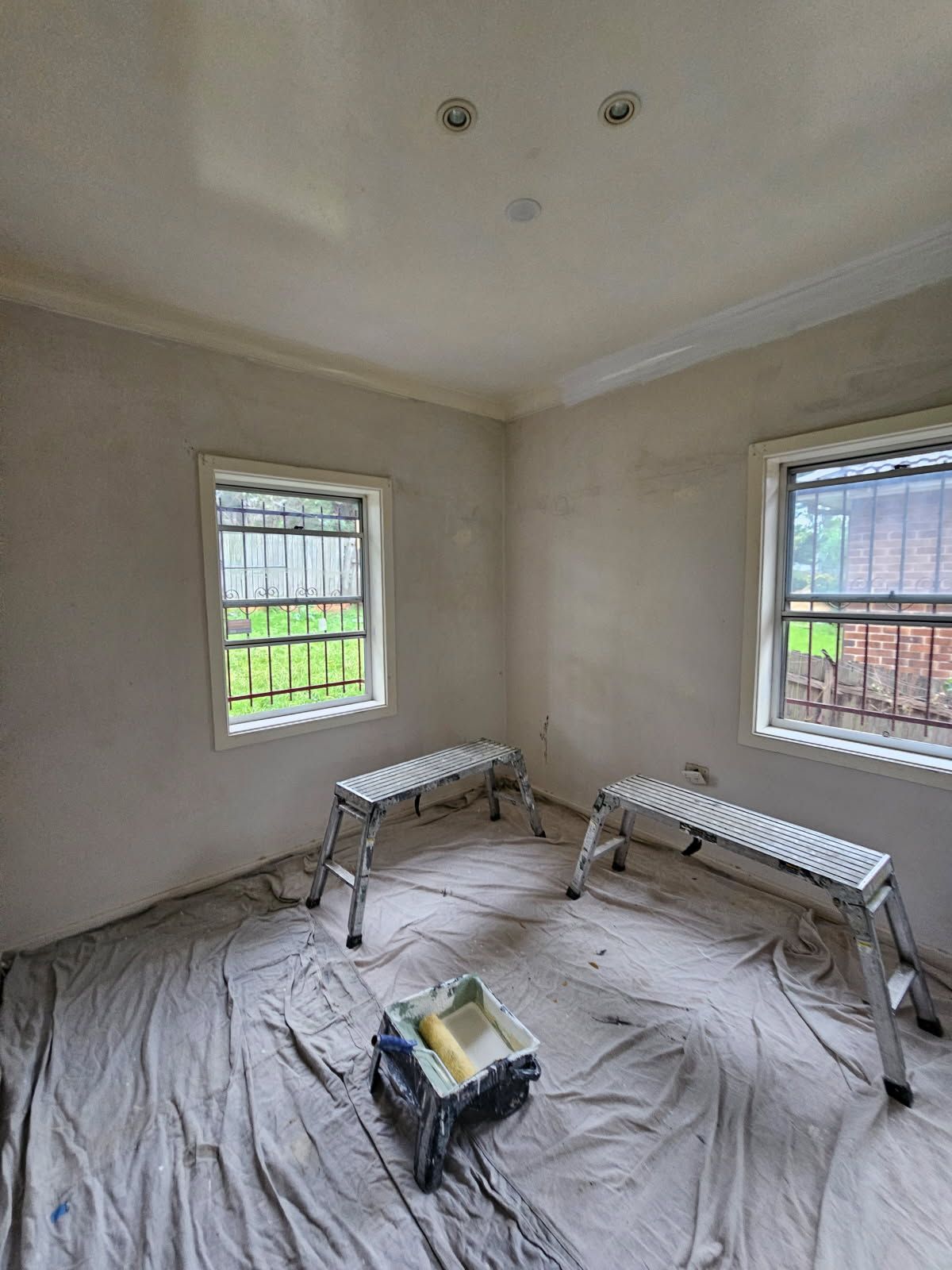 A room with a lot of windows and a painting tray on the floor.