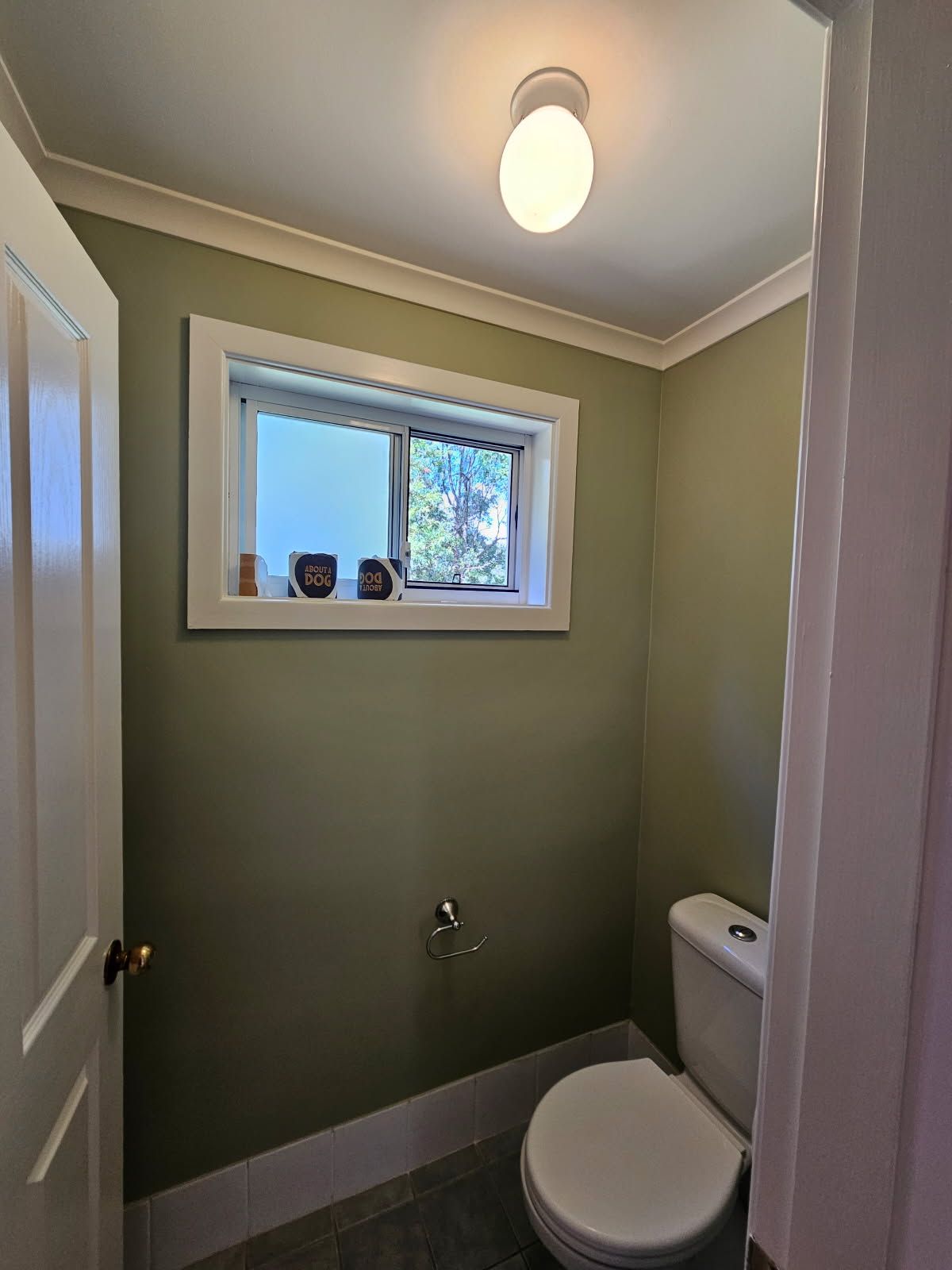 A bathroom with a toilet and a window.
