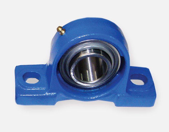 A blue pillow block bearing on a white background