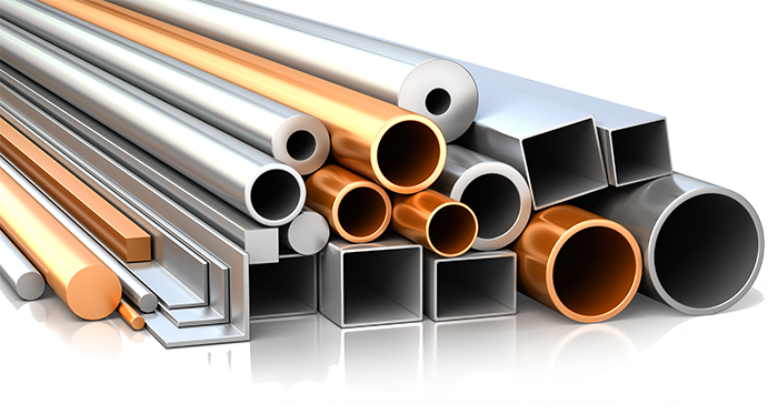 A bunch of different types of metal pipes are stacked on top of each other on a white surface.