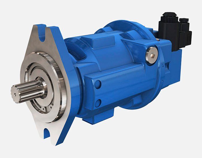 A close up of a blue hydraulic pump on a white background