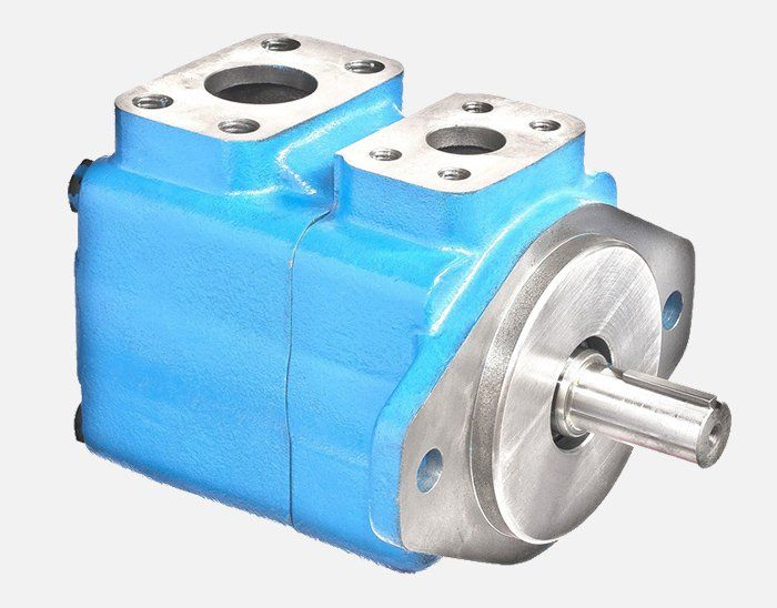 A blue hydraulic pump with a stainless steel shaft