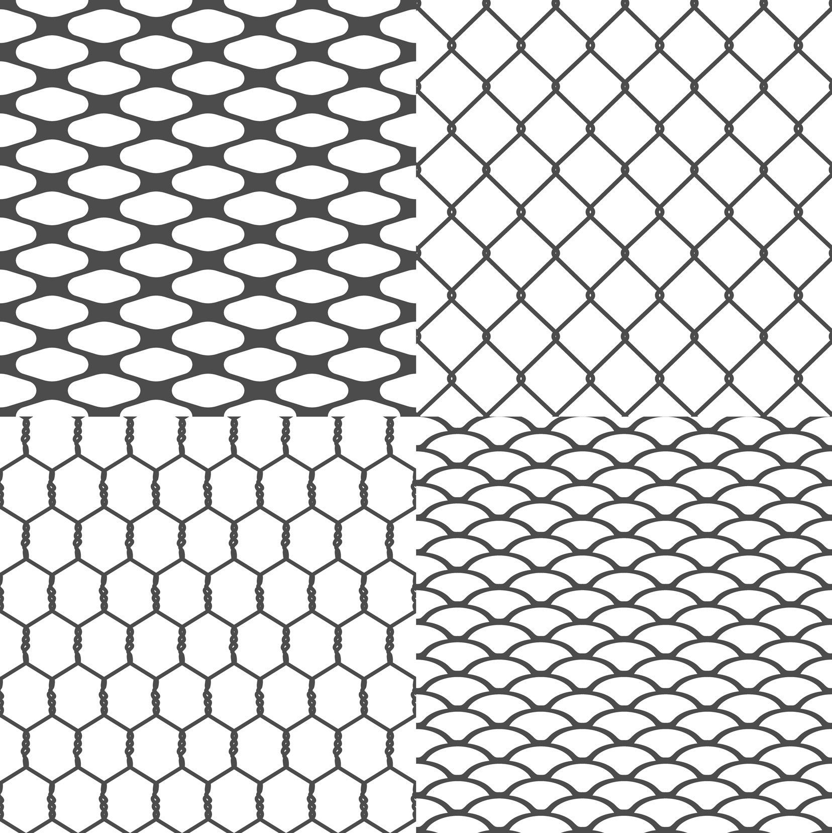 A set of four seamless chain link fence patterns on a white background.