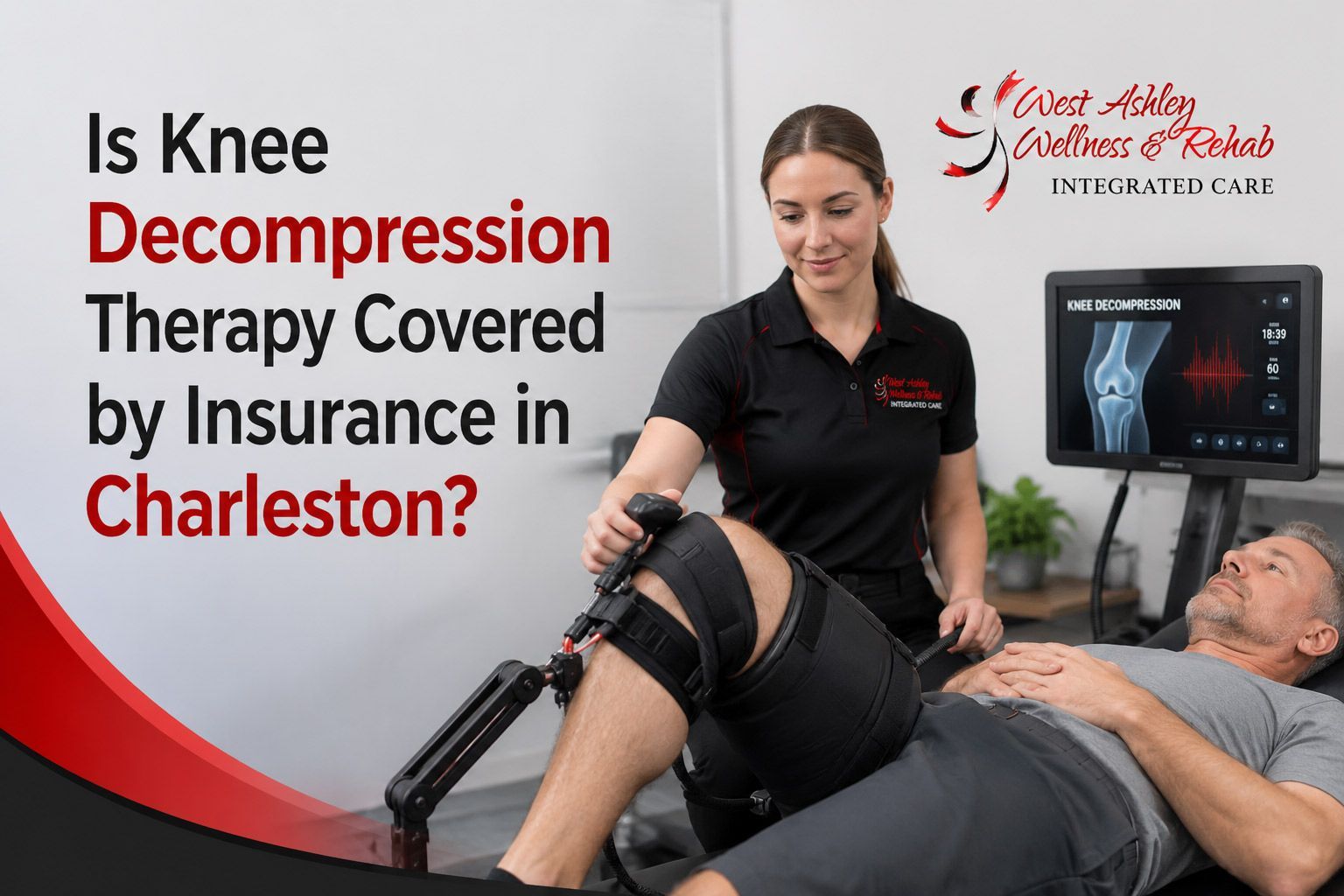 Knee decompression therapy ad with clinician treating a patient, asking if it’s covered by insurance in Charleston.