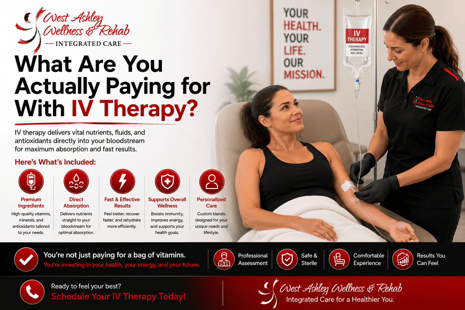 Promotional ad for IV therapy showing a nurse treating a seated patient in a clinic