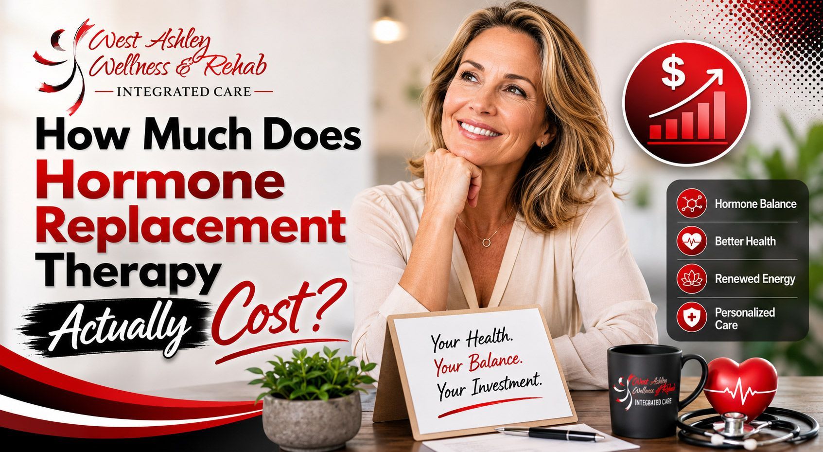 Graphic asking “How Much Does Hormone Replacement Therapy Actually Cost?” with smiling woman and cost icons