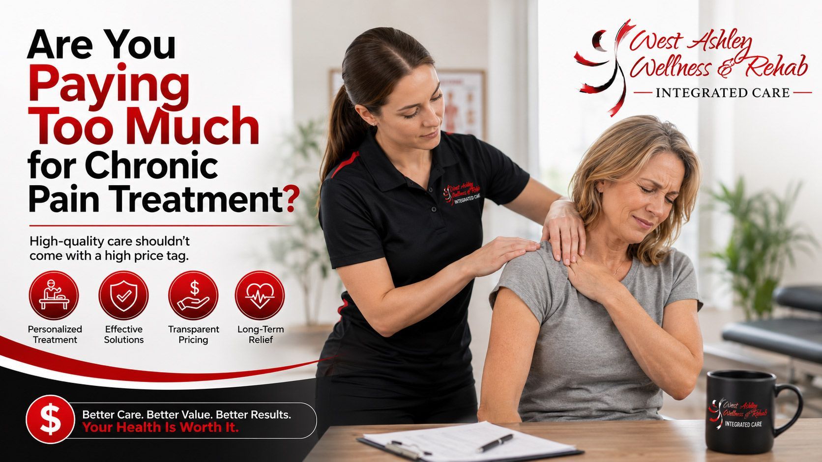 Woman massages a seated patient in a clinic ad asking, “Are You Paying Too Much For Chronic Pain Treatment?”