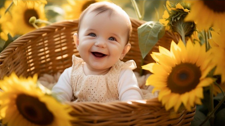 A joyful infant sitting in a woven basket surrounded by vibrant yellow sunflowers.