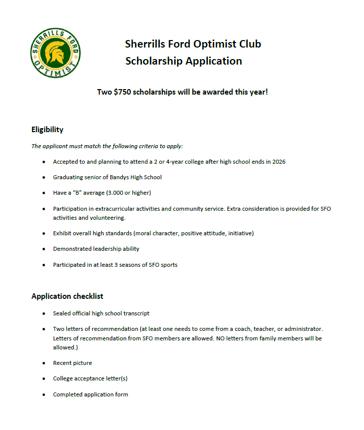 Sherrills Ford Optimist Club scholarship application.