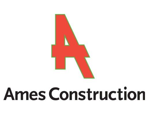 Red "A" with green outline above "Ames Construction" text.