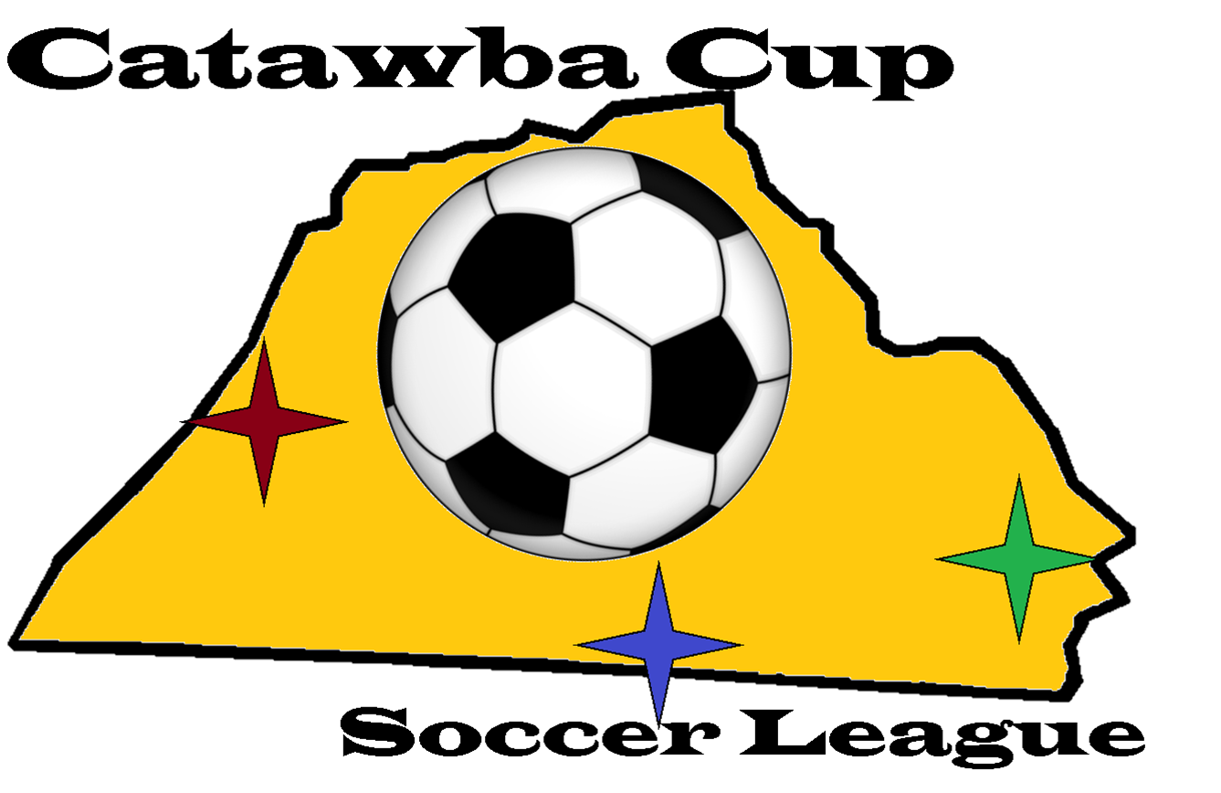 Logo for Catawba Cup Soccer League featuring a soccer ball on a yellow map background with three colorful star icons.