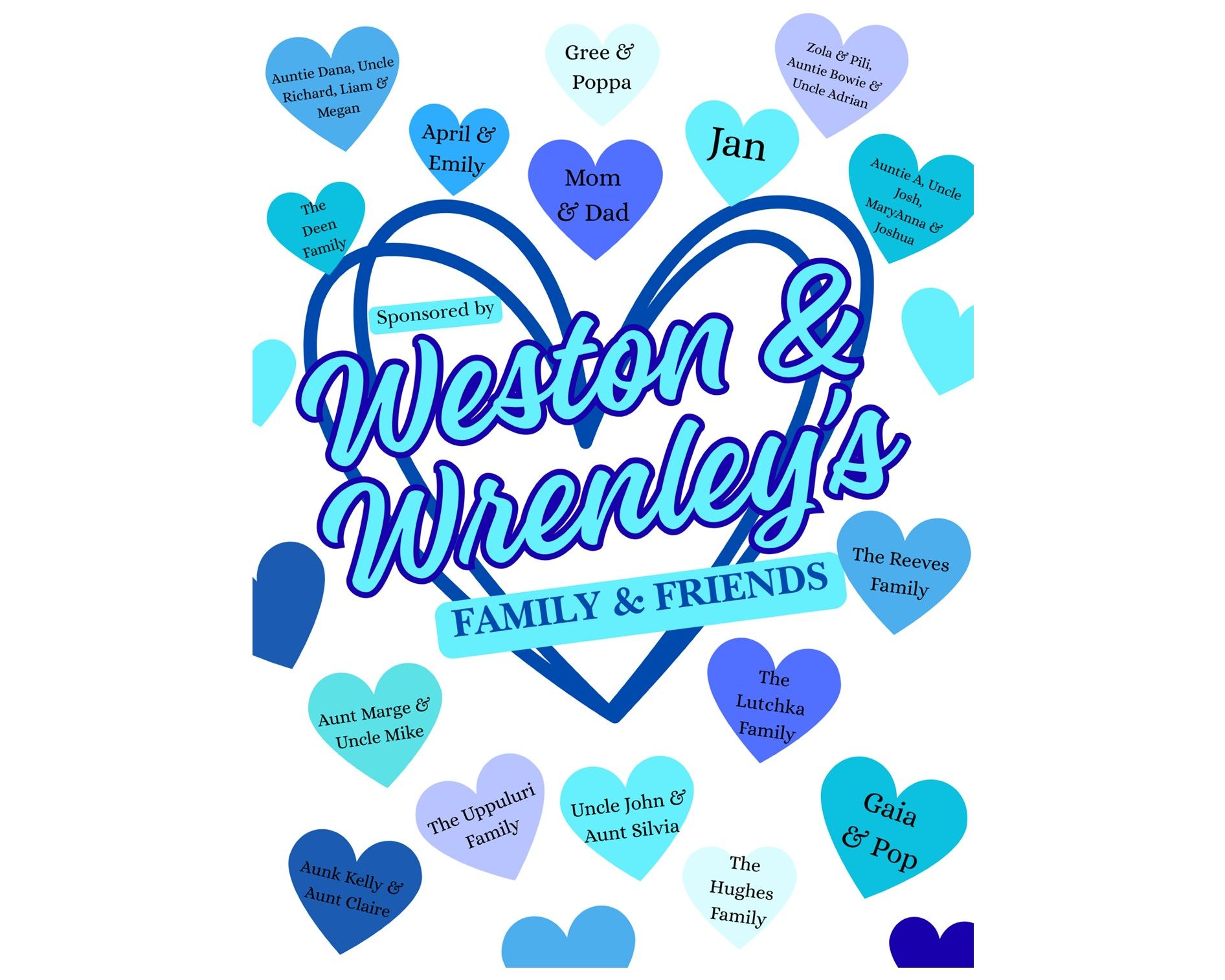 Blue heart graphic with "Weston & Wrenley's Family & Friends". Surrounded by blue heart-shaped messages.