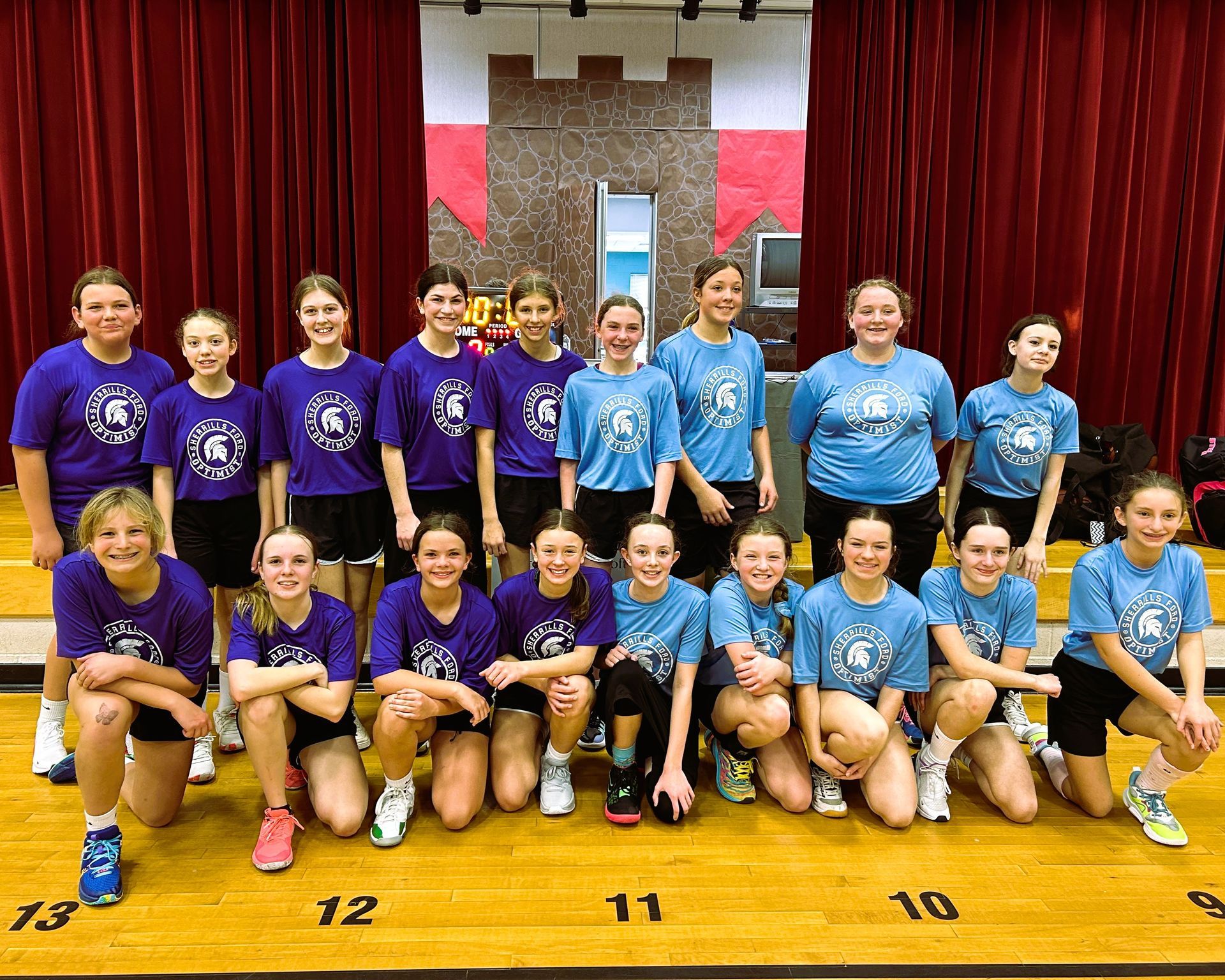 Volleyball team posing for photo in gym, wearing team shirts.