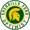 Sherrills Ford Optimist logo: green and gold Spartan helmet inside a circle with 
