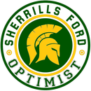 Sherrills Ford Optimist logo: green and gold Spartan helmet inside a circle with 