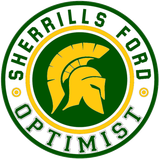 Sherrills Ford Optimist logo: green and gold Spartan helmet inside a circle with