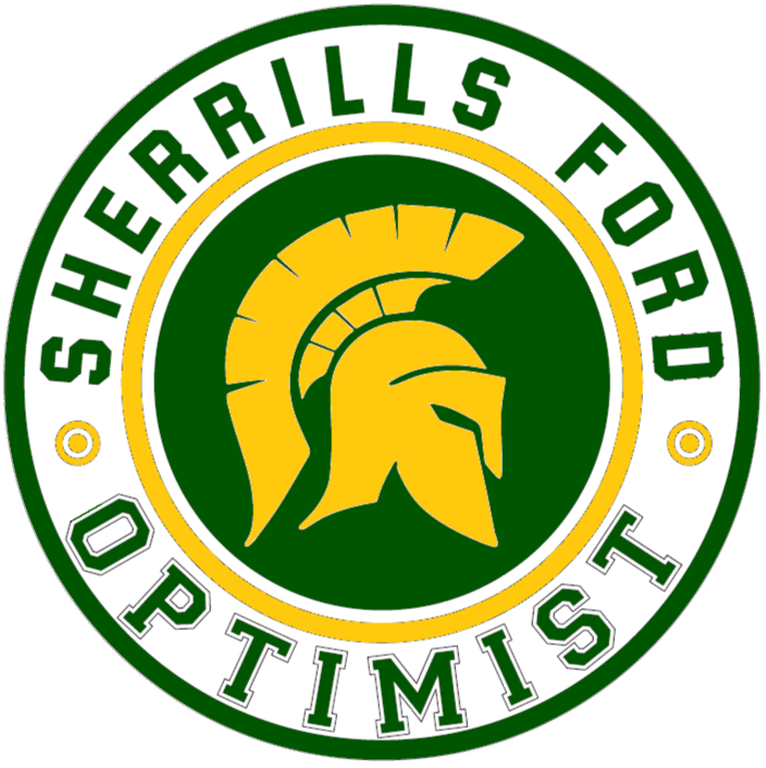 Sherrills Ford Optimist logo: green and gold Spartan helmet inside a circle with 