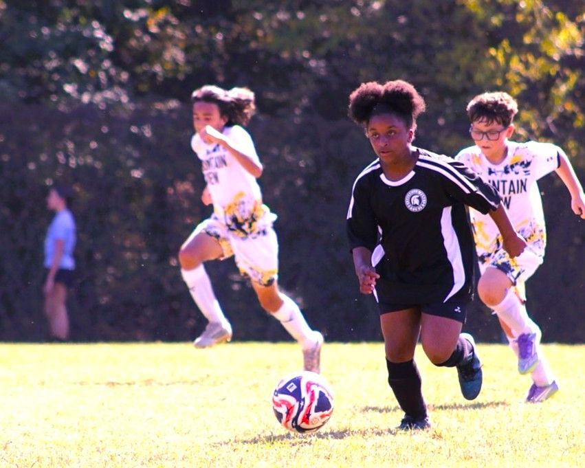Soccer players running on a field; one dribbles a ball. Two others chase. Trees in background. Sunny day.
