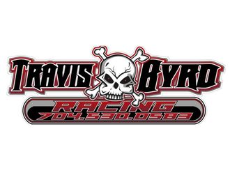 Logo for Travis Byrd Racing with a skull and crossbones icon, text, and phone number on a red, white, and black background.
