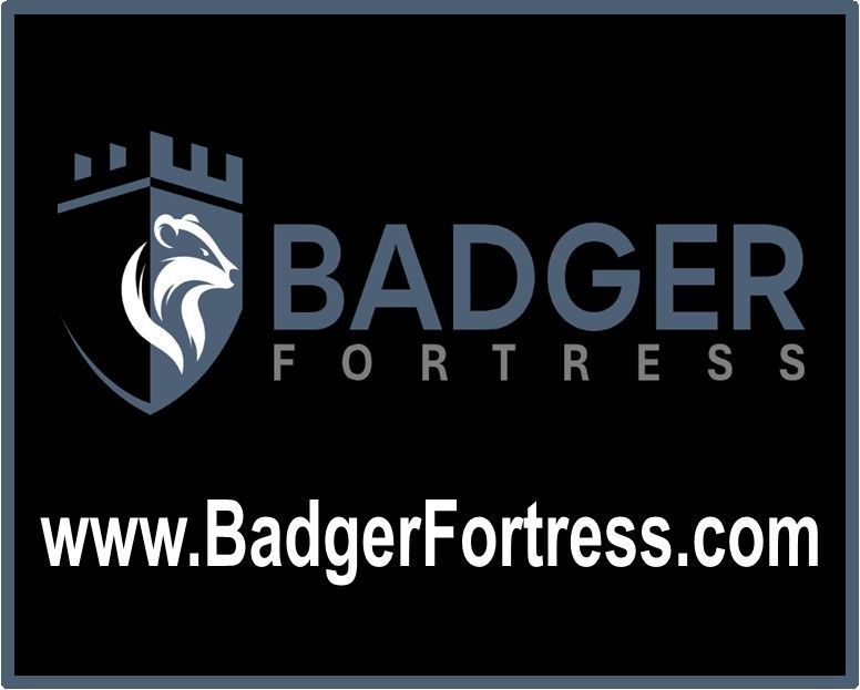 Logo for Badger Fortress with a badger head inside a shield and website URL.