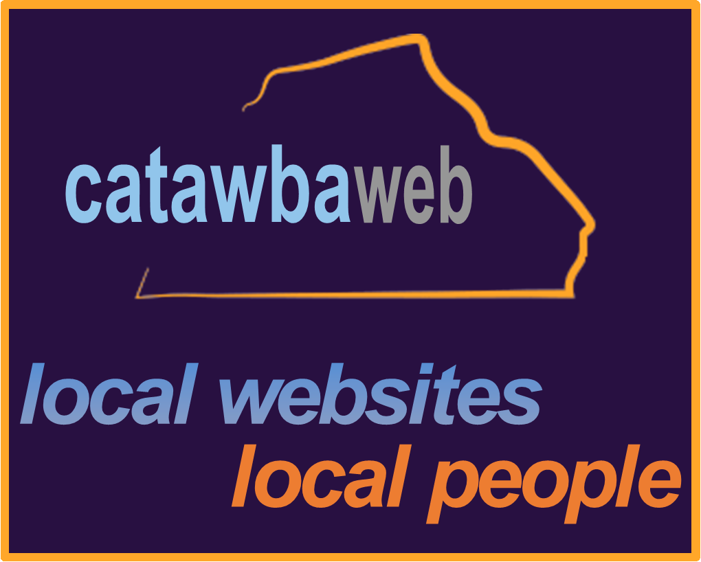 Catawbweb logo with a county outline, text "catawbweb," "local websites local people," blue, gray, and orange on dark blue.