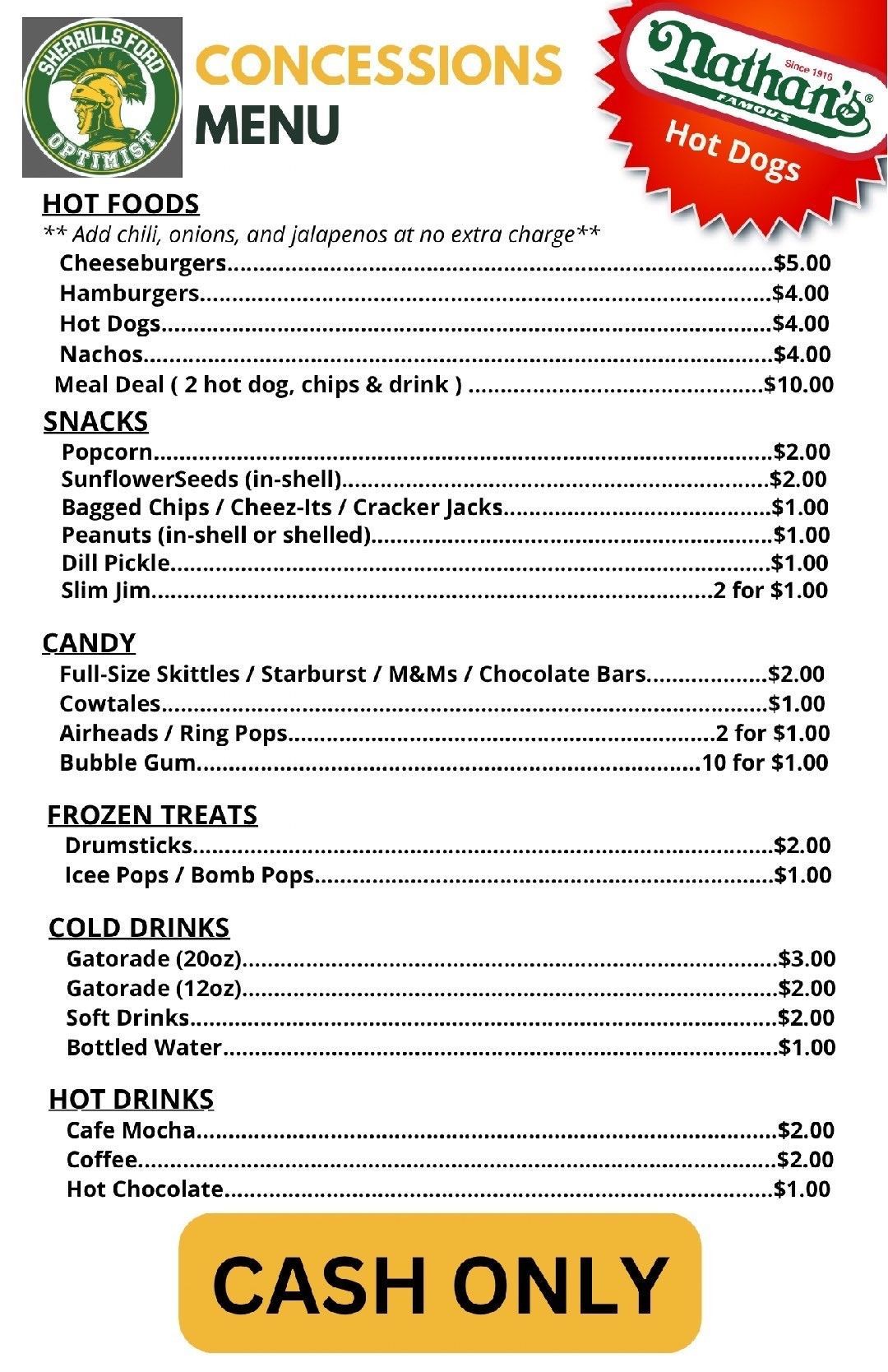 Concessions menu for Nathan’s Hot Dogs featuring hot foods, snacks, candy, drinks, and a Cash Only notice.