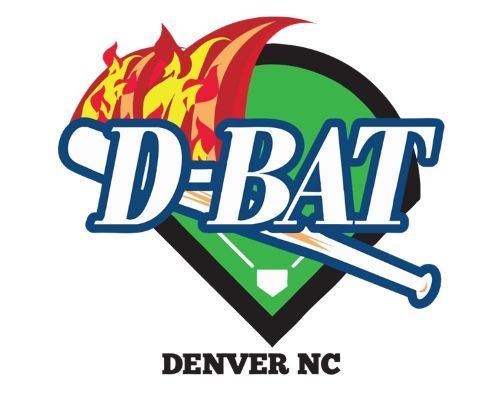 D-BAT Denver NC baseball logo with flame, bat, home plate. Green, white, blue, red, and black colors.