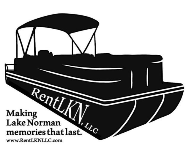 Black and white logo: Pontoon boat, "RentLKN, LLC", "Making Lake Norman memories that last."