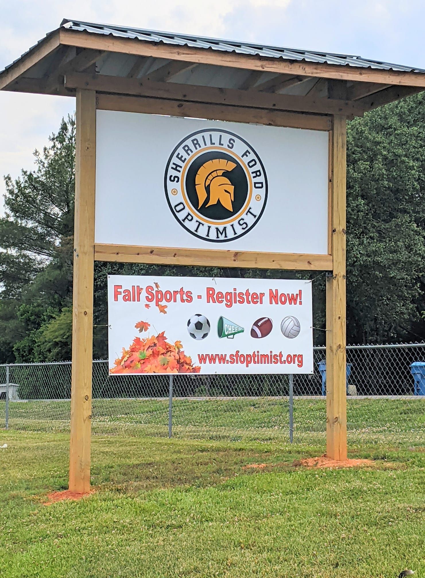 Sign for Sherrills Ford Optimist, advertising fall sports registration.