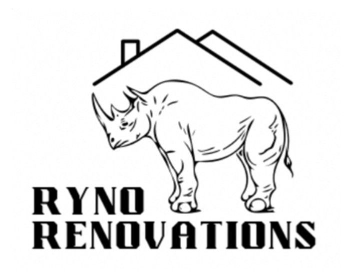 Logo for Ryno Renovations: a rhino standing under a house outline; the company name below.
