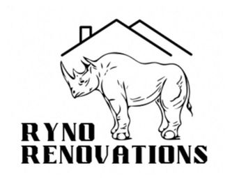 Logo for Ryno Renovations: a rhino standing under a house outline; the company name below.