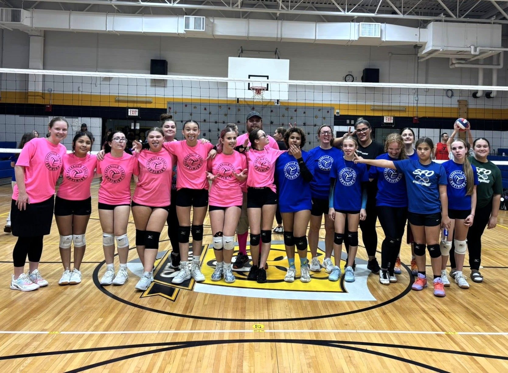 Volleyball teams pose on court: pink and blue shirts, hugging, smiling, indoors.