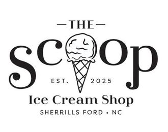 Logo for "The Scoop Ice Cream Shop" with a scoop of ice cream in a cone.