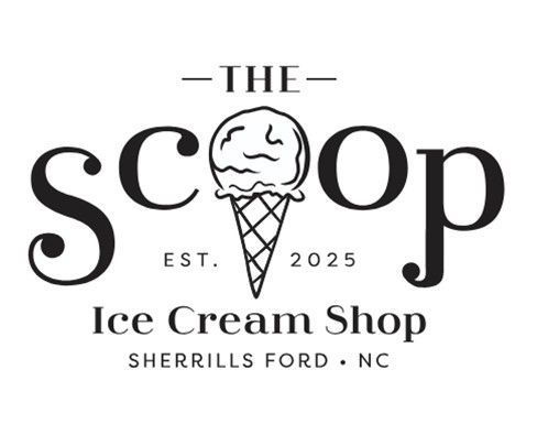 Logo for "The Scoop Ice Cream Shop" with a scoop of ice cream in a cone.