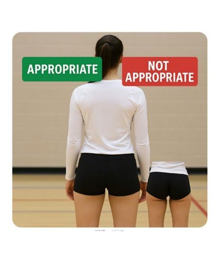 Volleyball player wearing appropriate shorts stands next to an image of player wearing not appropriate, shorter shorts.