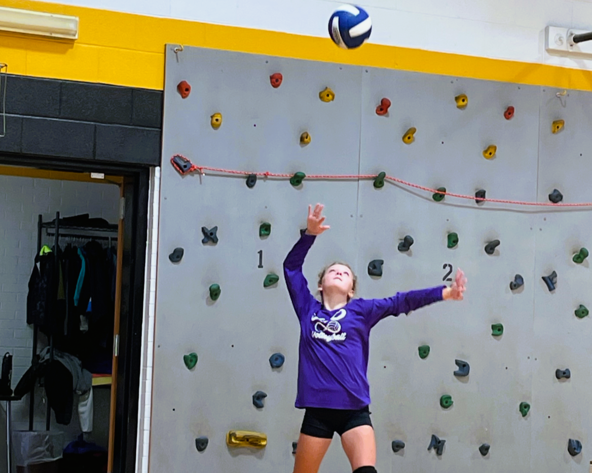 Girl in purple volleyball uniform sets a volleyball indoors near a climbing wall.