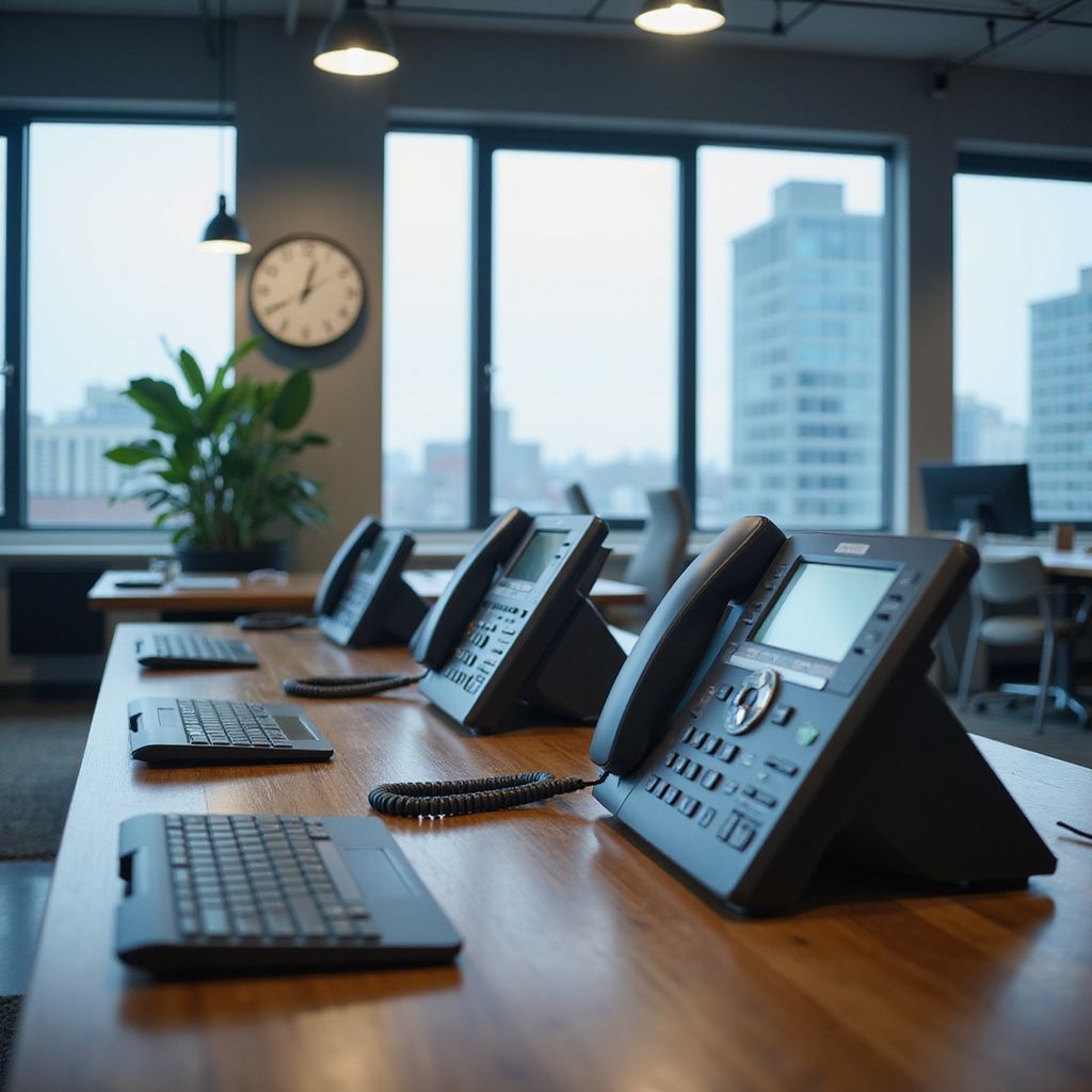 Desks with black phones and keyboards in an office setting with large windows overlooking city buildings.