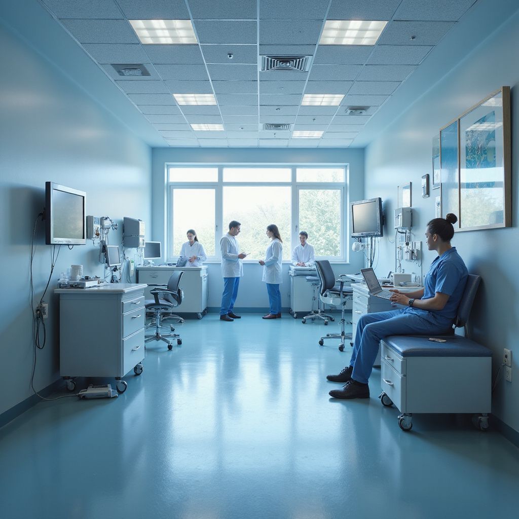 A medical examination room with medical staff and a patient seated, blue tones, fluorescent lighting.