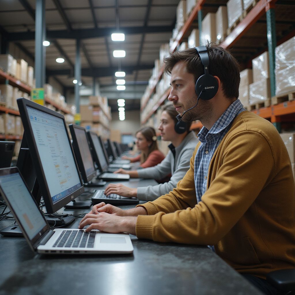 People wearing headsets and working on computers in a warehouse.