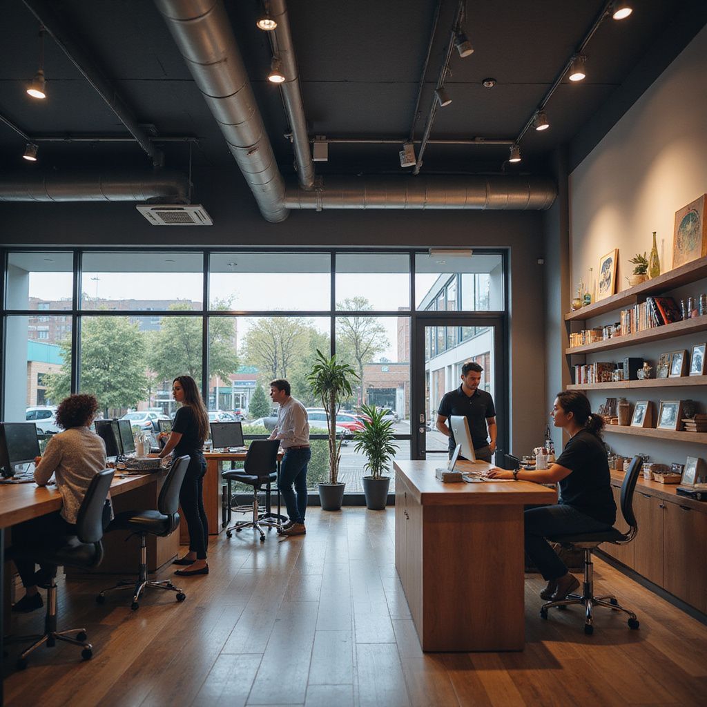 Office interior with employees working at desks, large windows, and shelves with objects.