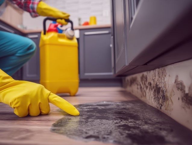 Person in yellow gloves points at water damage and mold on a kitchen floor. A yellow container is in the background.