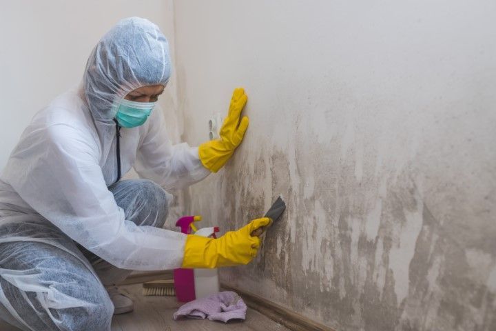 Person in protective suit cleaning mold from a wall.