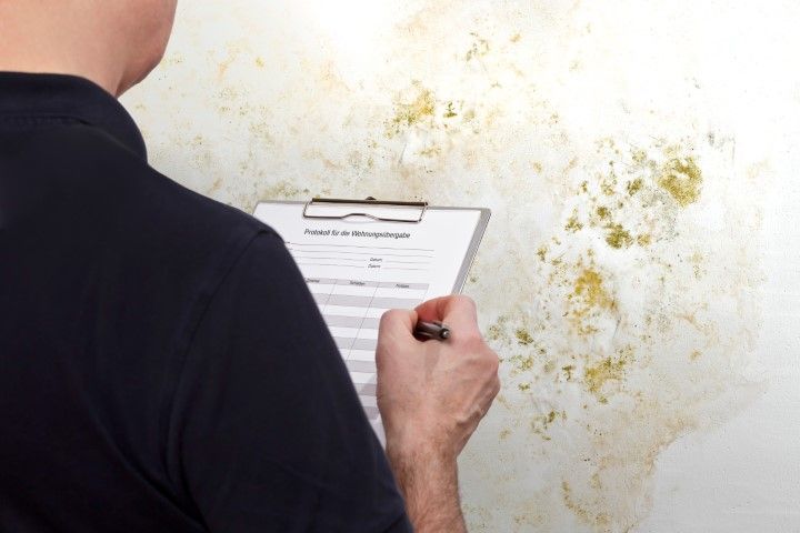 Person examining a wall with mold, holding clipboard and pen.